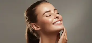 Showcasing the effects of Microneedling with PRP treatment on her face.